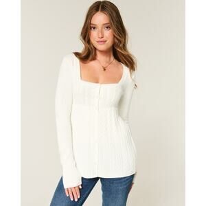 NWT Hollister Square-Neck Babydoll Sweater White SZ MEDIUM Long-Sleeve Y2K